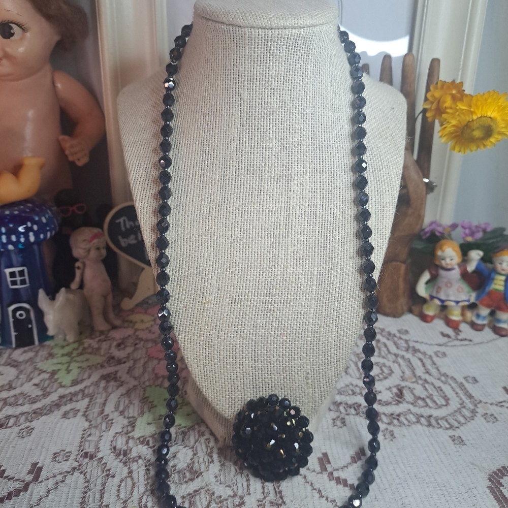 Vintage Black Faceted Glass Bead Necklace with Floral Cluster Pendant SET